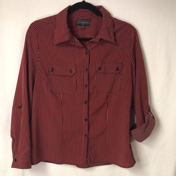 Elementz Women’s Blouse Black/Rose Stripe Button Front Long  Sleeves with Tab PL - Picture 1 of 13